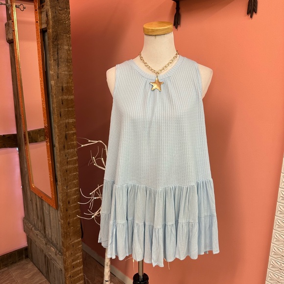 DAVI & DANI Tops - NEW! DAVI & DANI Light Blue Ruffle Hem Waffle Knit Tunic